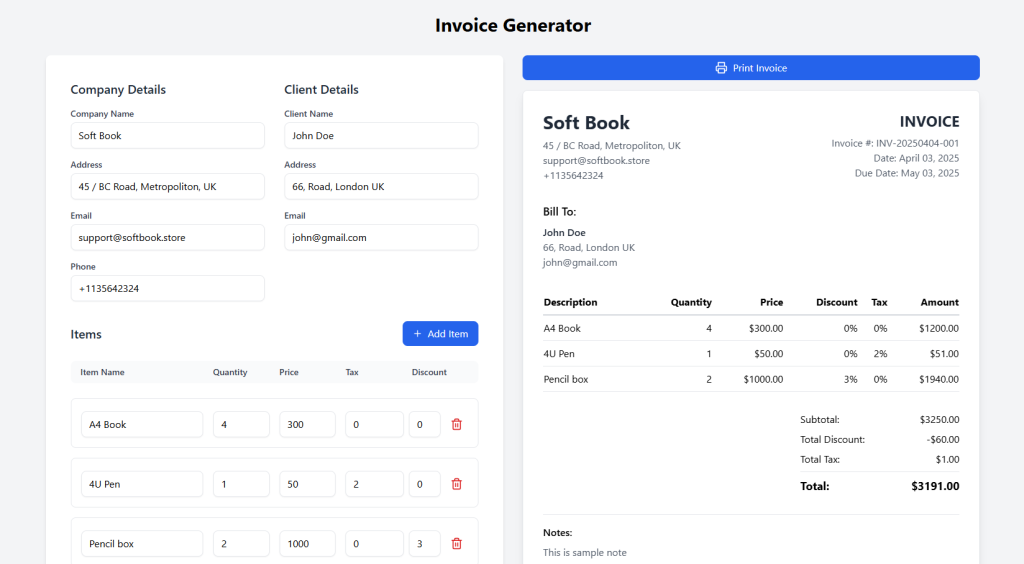Invoice Generator System React Vite TS 3